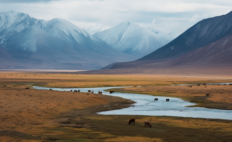 高原雪山溪流边成群的牛羊,高清,摄影图,摄影图片,图片大全,摄影图免费下载